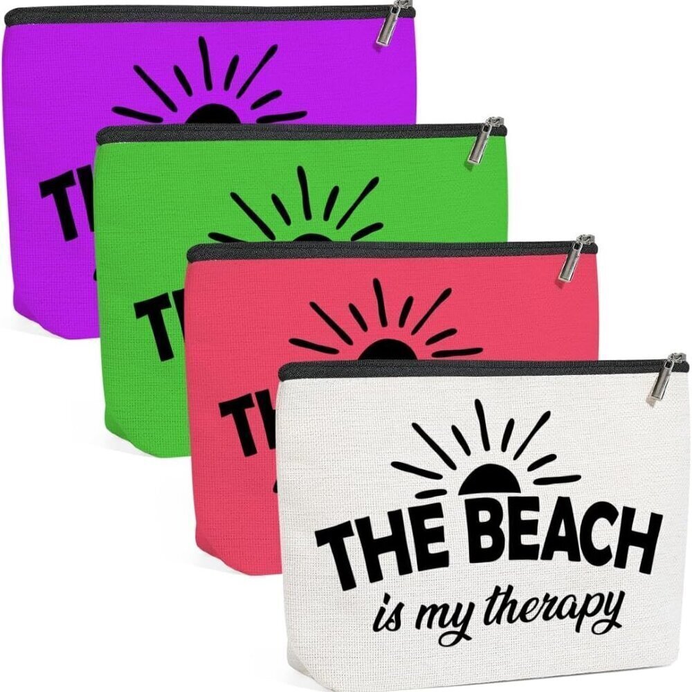 4PCS Beach Vacation Essentials Makeup Bag, Cute Cosmetic Bags for Women, Beach A